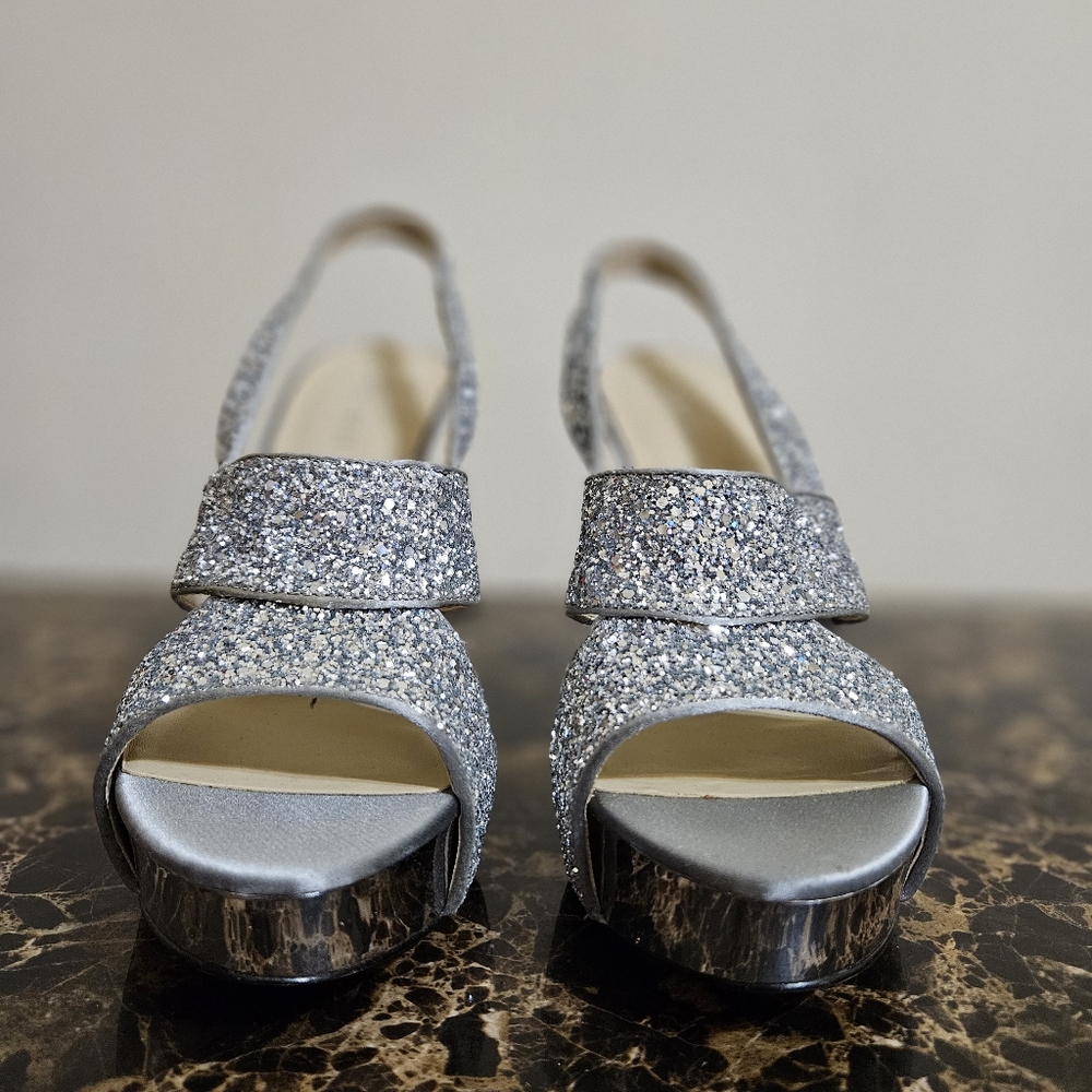 Nine West Platform Sandals, Silver w/ Silver Glitter, 8.5 M - Picture 2 of 6